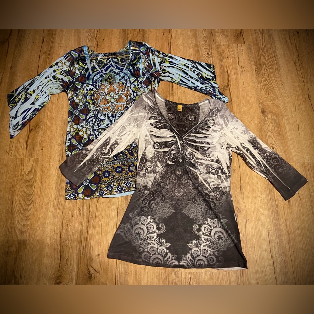Both Fun & Casual T’s with 3/4 sleeves. Wash & wear Polyester. S/M see photos.